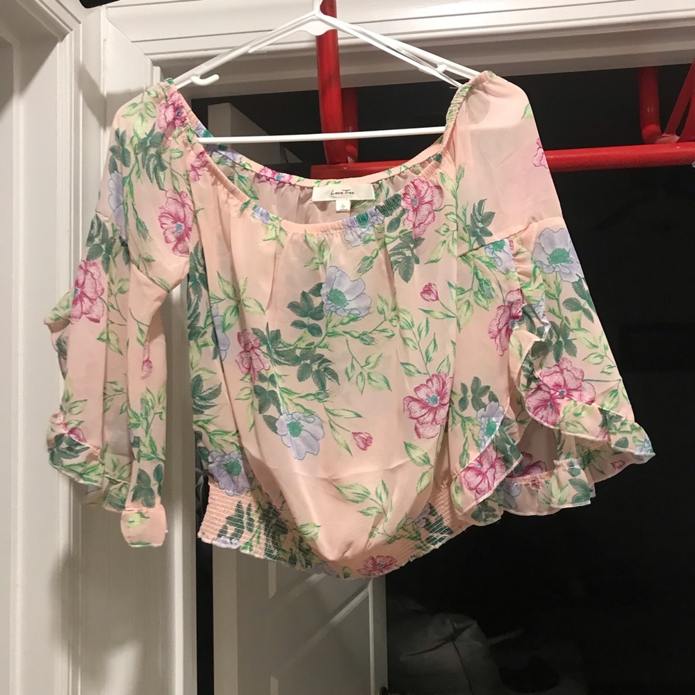 Pink Floral Crop Bell sleeved Top
